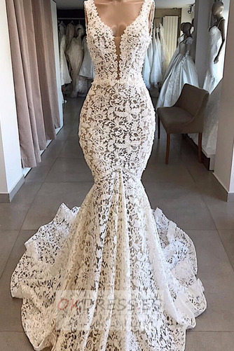Vestido de novia Corte Sirena Pera Baja escote en V Encaje Natural Fuera de casa 1