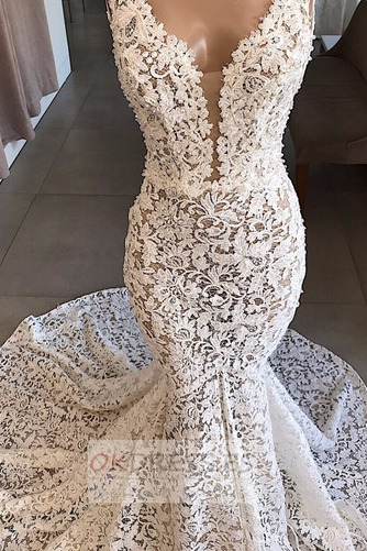 Vestido de novia Corte Sirena Pera Baja escote en V Encaje Natural Fuera de casa 3