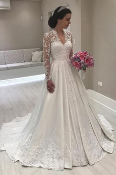 Vestido de novia Cremallera Abalorio Falta Corte-A largo Baja escote en V