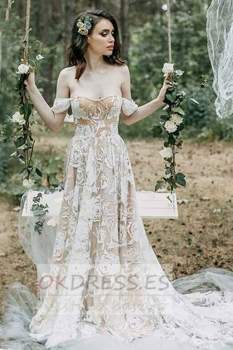 Vestido de novia Cremallera Cola Barriba Romántico Manga tapada Manga corta 1