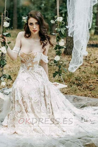 Vestido de novia Cremallera Cola Barriba Romántico Manga tapada Manga corta 3