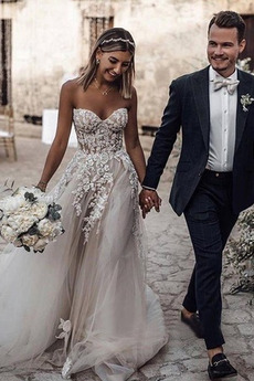 Vestido de novia Cremallera Escote Corazón 2019 Encaje Fuera de casa