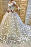Vestido de novia Cremallera Escote en V Flores Manga larga Moderno Cola Barriba