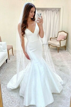 Vestido de novia Cremallera Sin mangas Escote en V Drapeado Otoño Fuera de casa