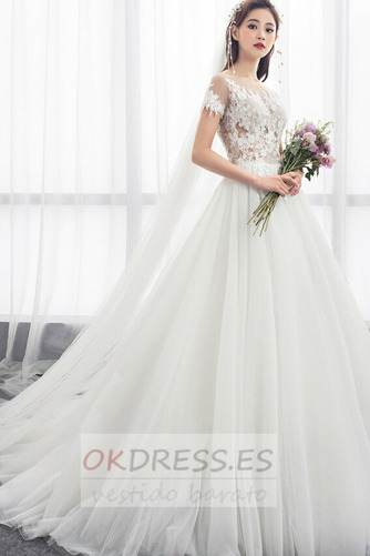 Vestido de novia Elegante Capa de encaje Barco Pura espalda Natural 4