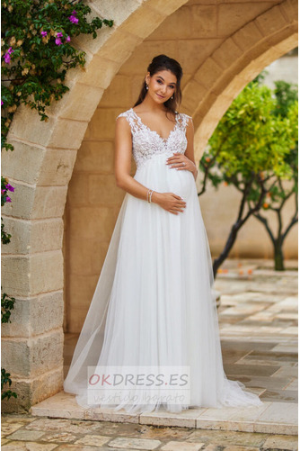 Vestido de novia Embarazadas Elegante largo Escote en V Playa Imperio Cintura 1