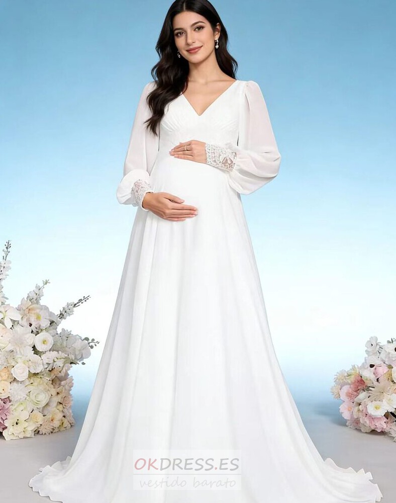 Vestido de novia Embarazadas Fuera de casa Elegante Drapeado Manga larga Vestido de novia Embarazadas Fuera de casa Elegante Drapeado Manga larga