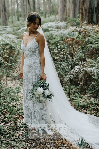 Vestido de novia Encaje Baja escote en V Escote de Tirantes Espaguetis 1