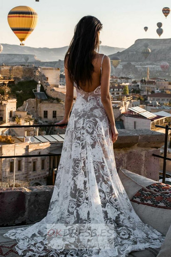 Vestido de novia Encaje Baja escote en V Escote de Tirantes Espaguetis 5