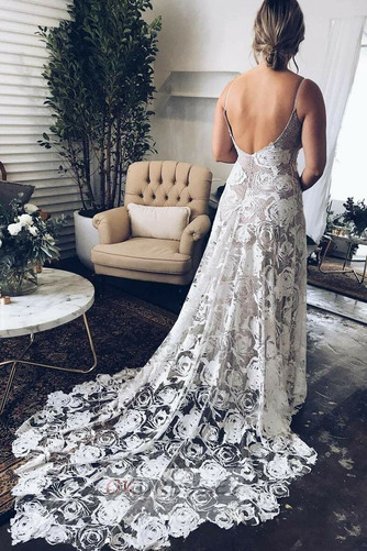 Vestido de novia Encaje Baja escote en V Escote de Tirantes Espaguetis 2