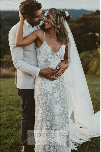 Vestido de novia Encaje Baja escote en V Escote de Tirantes Espaguetis 6