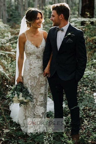 Vestido de novia Encaje Baja escote en V Escote de Tirantes Espaguetis 4