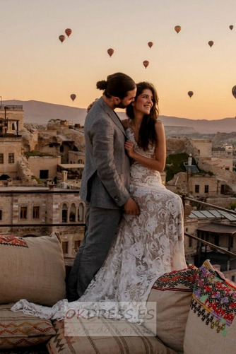 Vestido de novia Encaje Baja escote en V Escote de Tirantes Espaguetis 8