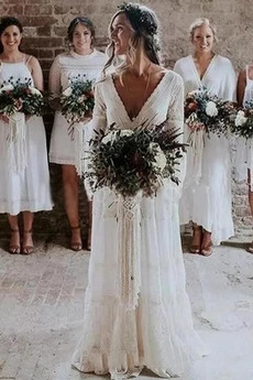 Vestido de novia Encaje Encaje largo Pera Playa Manga suelta