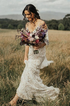 Vestido de novia Encaje Fuera de casa Natural Baja escote en V Sin mangas