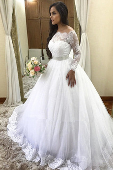 Vestido de novia Encaje largo Natural vendimia 2019 Capa de encaje