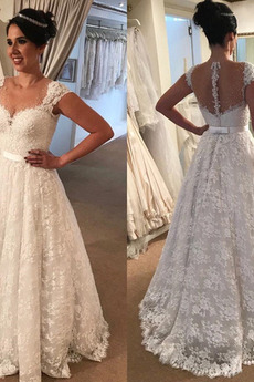 Vestido de novia Encaje Manga tapada Hasta el suelo Elegante Capa de encaje