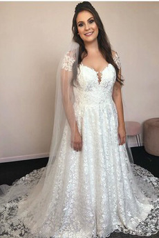 Vestido de novia Encaje Natural Corte-A Manga corta Elegante Manga tapada