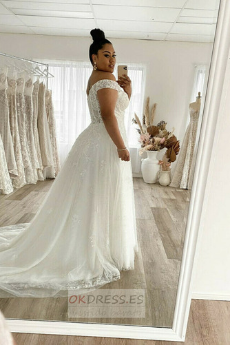 Vestido de novia Encaje Natural Escote con Hombros caídos Baja escote en V 2