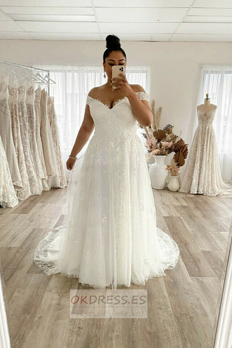 Vestido de novia Encaje Natural Escote con Hombros caídos Baja escote en V 1