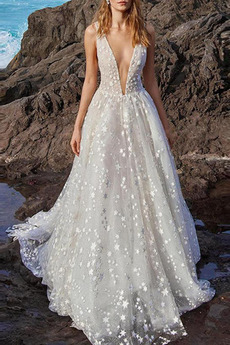 Vestido de novia Encaje tul Natural Falta Sin mangas Baja escote en V