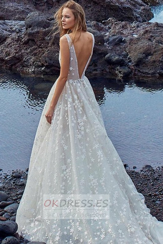 Vestido de novia Encaje tul Natural Falta Sin mangas Baja escote en V 2