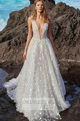 Vestido de novia Encaje tul Natural Falta Sin mangas Baja escote en V 3