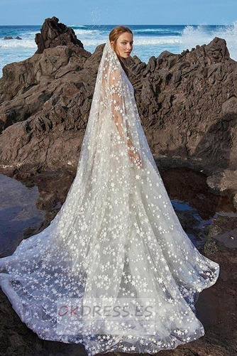 Vestido de novia Encaje tul Natural Falta Sin mangas Baja escote en V 5