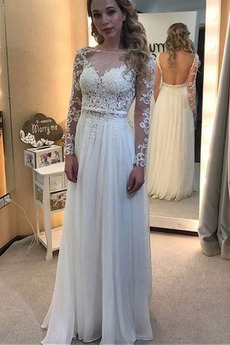 Vestido de novia Espalda Descubierta Barco 2019 Encaje Manga larga Mangas Illusion