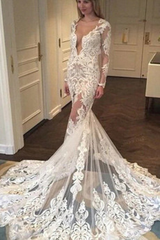 Vestido de novia Espalda Descubierta tul Escote en V Mangas Illusion