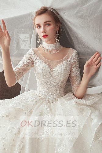 Vestido de novia Formal Corte-A Cordón Manga de longitud 3/4 Corpiño Acentuado con Perla 5