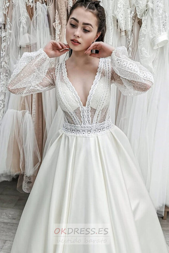 Vestido de novia Fuera de casa Satén Transparente Baja escote en V Manga larga 2