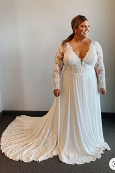 Vestido de novia Gasa largo Manga larga Elegante Corte-A Tallas grandes