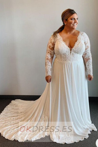 Vestido de novia Gasa largo Manga larga Elegante Corte-A Tallas grandes 1