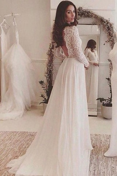 Vestido de novia Gasa Manga larga Natural Hasta el suelo Capa de encaje