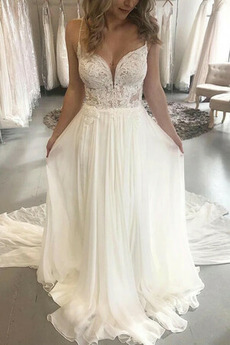 Vestido de novia Gasa primavera Capa de encaje Sin mangas Escote de Tirantes Espaguetis