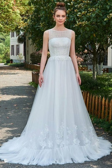 Vestido de novia Invierno Pura espalda Natural Corte-A tul Barco