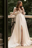 Vestido de novia largo Falta Elegante Espalda medio descubierto Escote en V
