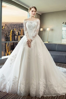 Vestido de novia Manga larga Capa de encaje Elegante Abalorio largo