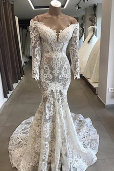 Vestido de novia Manga larga Corte Sirena Escote en V Elegante Capa de encaje