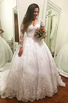 Vestido de novia Manga larga largo Pura espalda 2019 primavera Escote en V