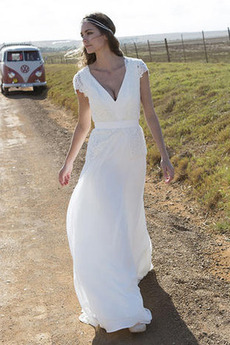 Vestido de novia Manga tapada Alto cubierto Lazos largo Manga corta