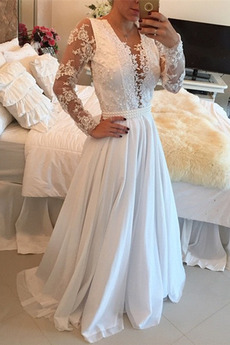 Vestido de novia Mangas Illusion Moderno 2019 Pura espalda Perlas Hasta el suelo