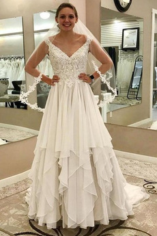 Vestido de novia Natural Sin mangas Romántico Hasta el suelo Escote en V