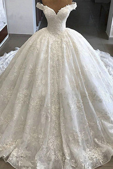 Vestido de novia Organza Cordón Otoño 2019 Capa de encaje Cola Real