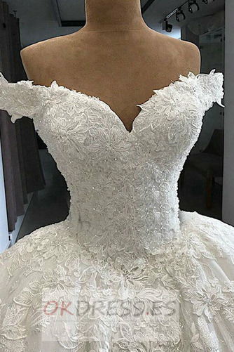 Vestido de novia Organza Cordón Otoño 2019 Capa de encaje Cola Real 3