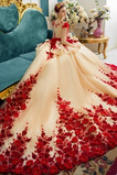 Vestido de novia Organza Otoño Apliques Corte-A Cola Catedral Barco