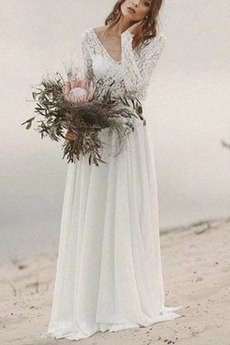 Vestido de novia Otoño Baja escote en V Playa Triángulo Invertido Drapeado