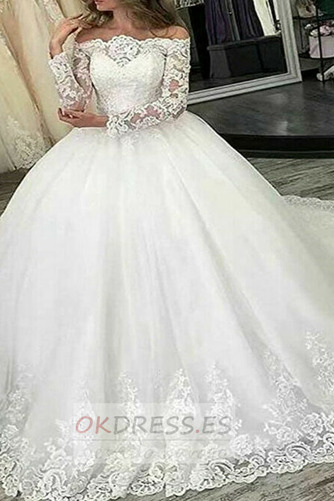 Vestido de novia Otoño Iglesia Escote con Hombros caídos Cordón largo 1