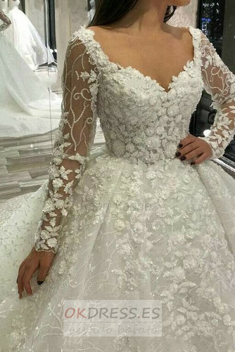 Vestido de novia Otoño Rosetón Acentuado Corte-A Escote en V largo Apliques 2
